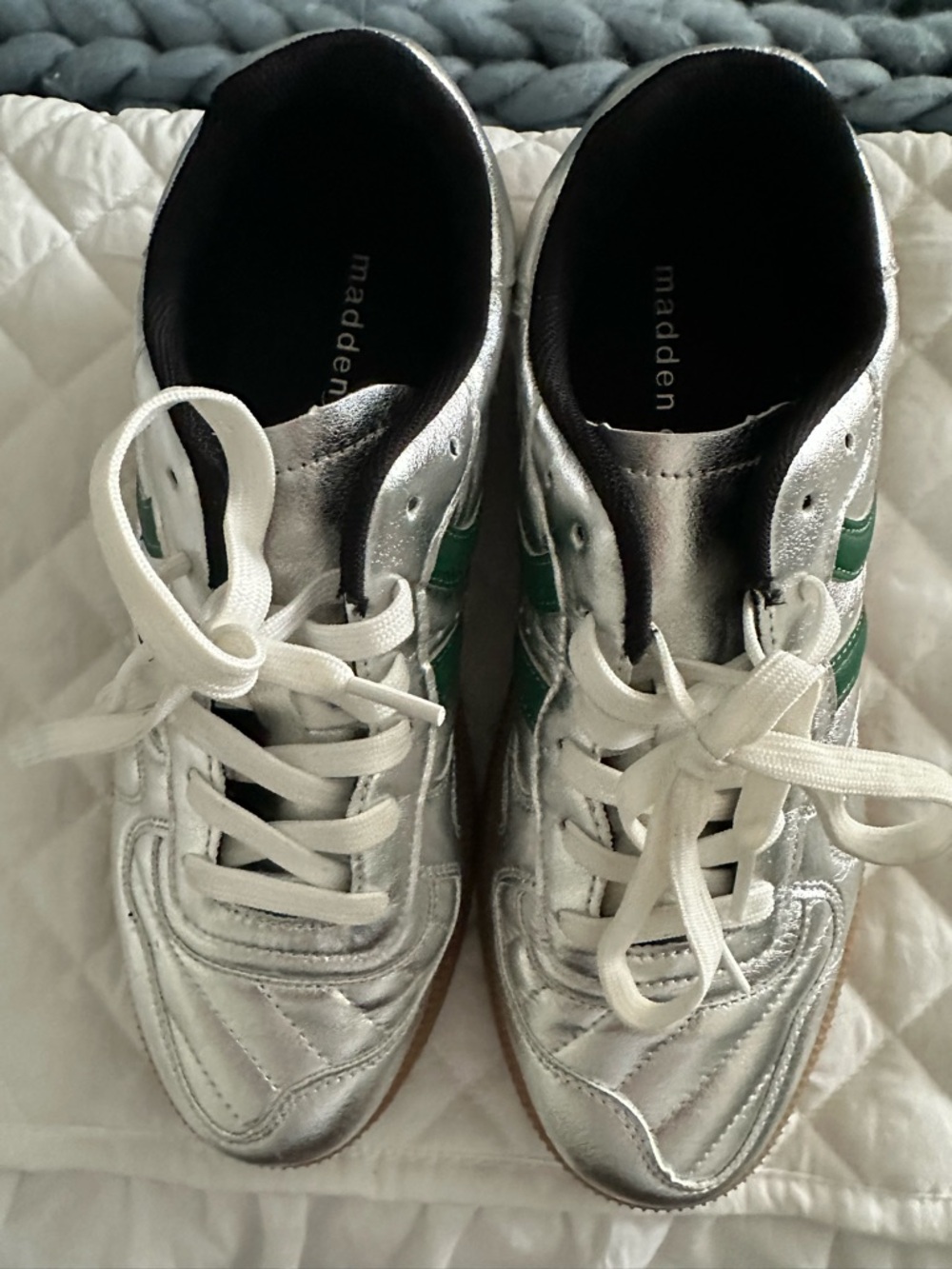 Madden metallic silver sneakers with green stripe New